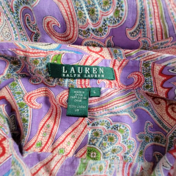 Lauren Ralph Lauren Women Paisley Linen Button-Up Blouse Shirt Large Multicolor - Picture 4 of 8